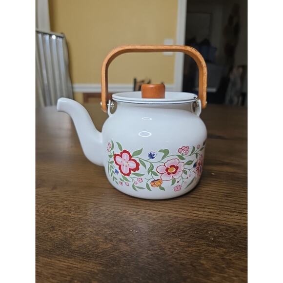Vintage 80s Gailstyn-Sutton Enamelware Teapot Kettle Country Flower Wood Handle - Picture 1 of 16